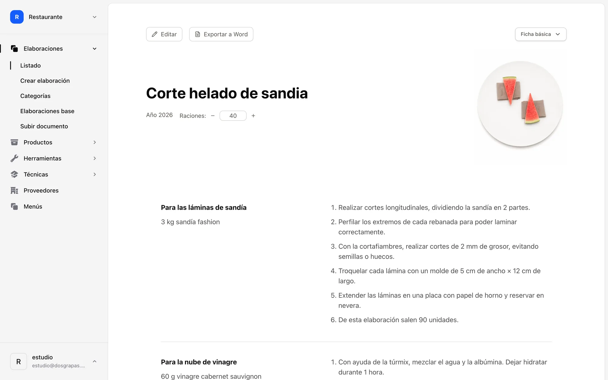 Ficha técnica de Corte helado de sandía